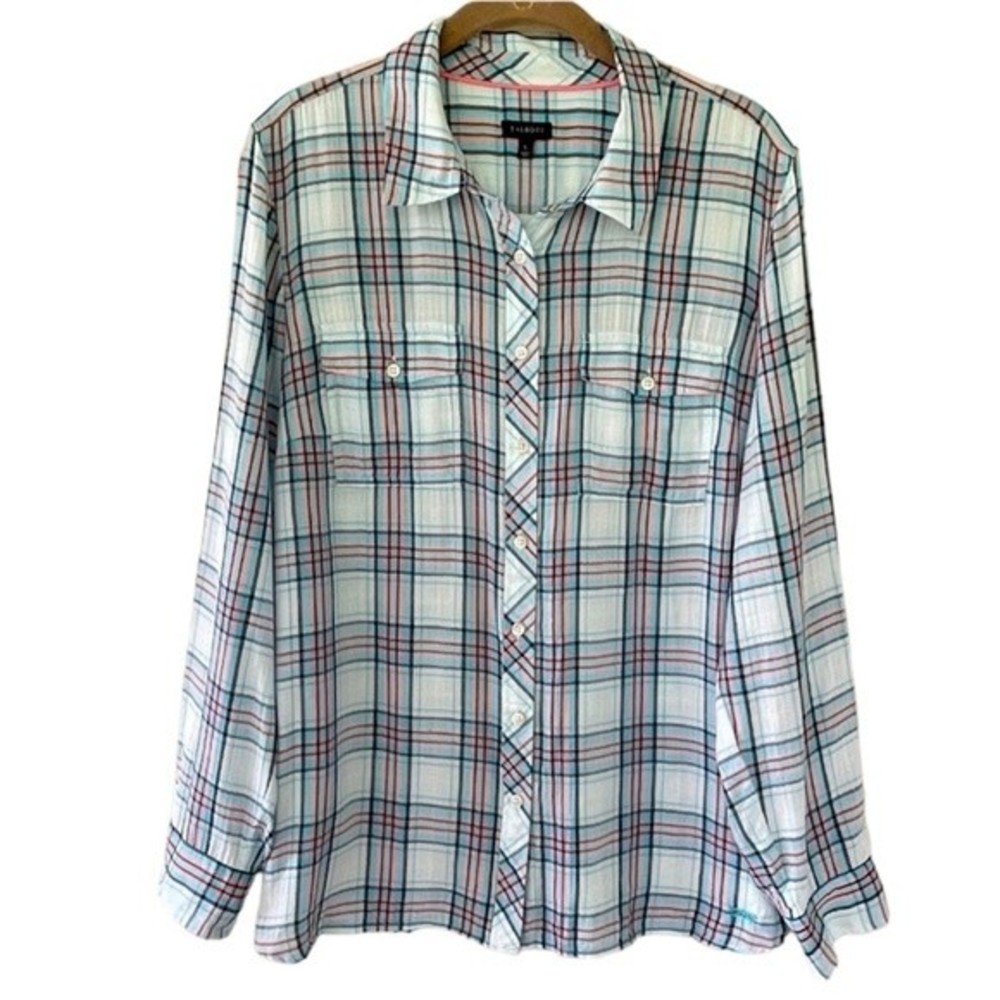 Talbots Blue and Peach Plaid Button Down Lightweight Top